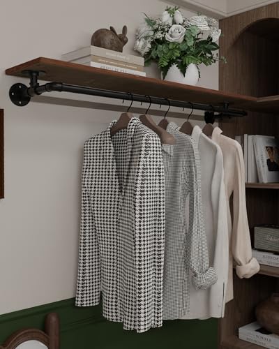 TEDIDUWA Clothes Rack 48in, Wall Mounted Garment Rack with Real Wood Shelf, Heavy Duty Hanging Clothes Rack, Multi-Purpose Hanging Rod, Space-Saving Closet Storage