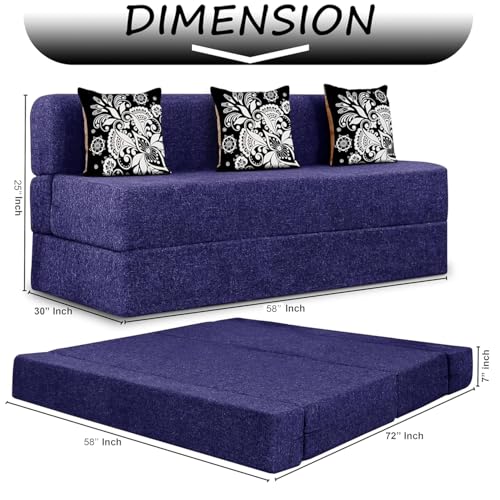 Image of Rosebell Three Seater Sofa Cum Bed | Jute Fabric Washable Cover | with 3 Printed Cushions Perfect for Guest | Purple | 5' X 6' Feet
