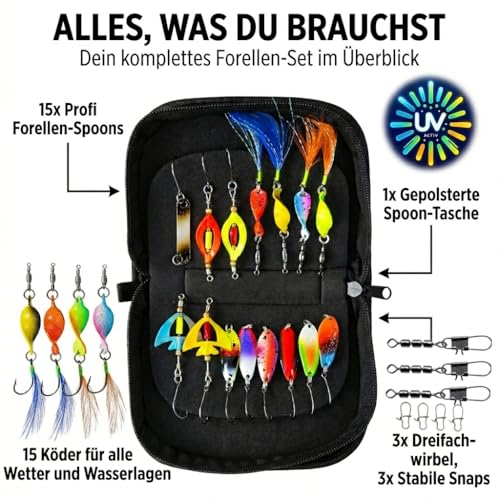 Neu Alle Forellen Köder Neuheiten 2025 in Einer Spoon Tasche | Forellen Set 15 Spoons Forelle 2g, 3g, 3,5g, 4g | Uv-Aktive Forellenköder für jedes Wetter und Wasser | Angelzubehör Trout Spoon Angeln