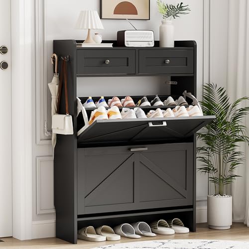 Image of Shoe Cabinet with 2 Flip Drawers & 2 Top Drawers, 43 inch Tall Freestanding Narrow Wooden Shoe Storage Organizer for Entryway, Hidden Slim Shoe Rack for Front Door Entrance, Hallway, Living Room, Black