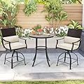 MELLCOM Outdoor Bar Stools Set of 3 Piece, 360° Swivel Bar Height Stools, Bistro Set with Rattan High Back, Thick Cushion & Lumbar Support