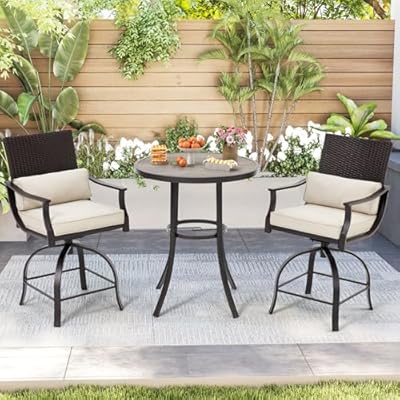MELLCOM Outdoor Bar Stools Set of 3 Piece, 360° Swivel Bar Height Stools, Bistro Set with Rattan High Back, Thick Cushion & Lumbar Support