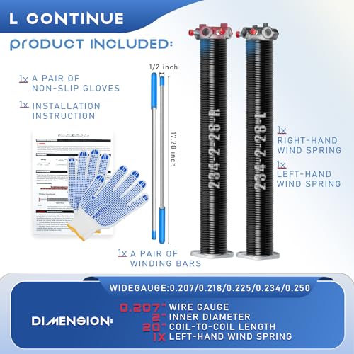 Pair of 2\" Garage Door Torsion Springs Set with Non-Slip Winding Bar & Gloves (Blue, 0.234X2\"X28\") - Thumbnail 2