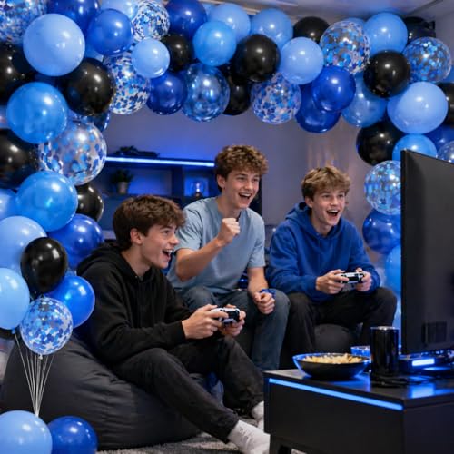 Image of Blue and Black Balloons, 60pcs 12 Inch Dark Royal Pearl Light Blue Black Balloons with Confetti Balloon for Boys Men Birthday Graduation Class of 2026 Video Game Retirement Father's Day Party Decor
