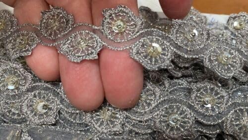 Gray Embroidered Trim Hand Sewn 7/8" Glass Beads Sequins Light Gray 1yd Fabric