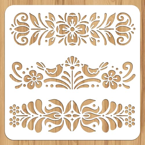12" Scandinavian Stencils Paint Stencils for Crafts Reusable Fork Art Floral Stencil Plastic Scandinavian Paint Stencil for Painting Wall Furniture Canvas Fabric Floral Pattern, 12x12inch