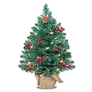 Friiko PreLit Tabletop Artificial Mini Christmas Tree Include Burlap Cloth Bag Base, 21″ Little Xmas Tree with LED Lights for Home Office Holiday DIY Décor