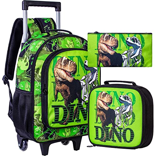 CCJPX 3PCS Dinosaur Kids Rolling Backpack Boys, School Bookbag with Wheels, Travel Roller Wheeled Backpacks for Toddler Elementary-Green