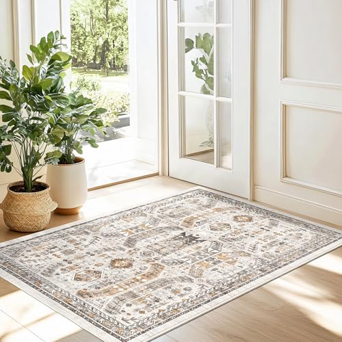 Madane Washable Area Rug 2x3, Small Entryway Rug Non-Slip Vintage Door Mat Indoor Entrance, Low Pile Floor Carpet for Inside Front Door Bedroom Kitchen Entry Laundry (2'x3', Brown/Gold)