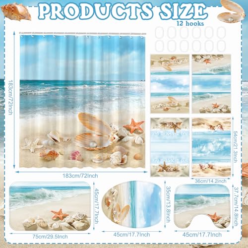 FuWeave 8 Pcs Summer Beach Shower Curtain Set Bathroom Decor Sea Ocean Waterproof Bathroom Accessories Shower Curtain Sets with Towels Carpet Bath Mat Toilet Rugs and 12 Hooks by FuWeave - Image 2
