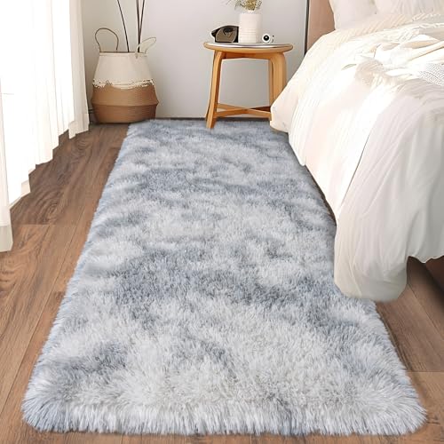 Ailyei Ultra Soft Runner Rugs for Bedroom Hallways with Upgraded Non-Slip Rubber Backing & Thick Memory Sponge, 2x5 Feet Fluffy Shag Throw Area Rug for Bedside Dorm Tie-dye Light Grey
