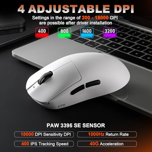 Image of MIKIBY-ATK A9 Wireless Gaming Mouse, 18000 DPI, PAW3395 SE Sensor-White | 53G Lightweight, Tri-Mode 2.4G /BT /USB-C Wired Mouse, 520mAh Battery,Programmable Ergonomic Mouse,Office Mice for PC /Win /Mac