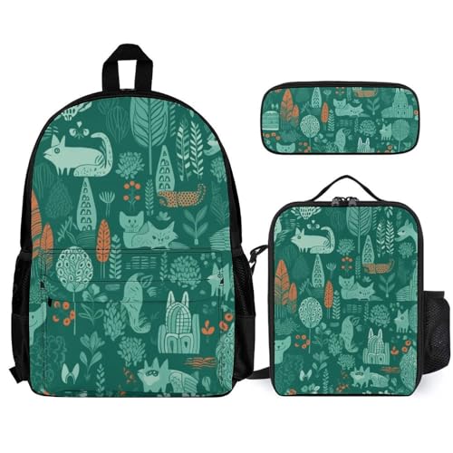 Sac à dos animaux verts avec boîte déjeuner et trousse pour école et loisirs