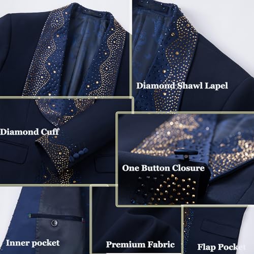 3 Pieces Prom Tuxedo for Men Groom Wedding Suits Luxury Diamonds Shawl Lapel Blazer Jacket Vest Pants Party Sets3