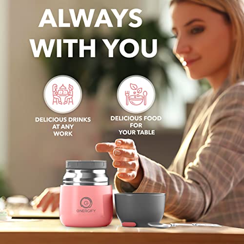 Energify Vacuum Insulated Food Jar. 12Oz Thermos Includes Folding Spoon, Bag And Cup. Hot & Cold Drinks, Lunch Container For Kids And Adults. Premium Bpa-Free Stainless Steel, Leak Proof, Antique Pink #TOP7