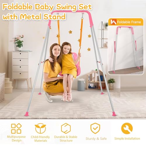 LIODUX 4-in-1 Baby Swing Set and Jumper, Heavy Duty Kids Swing Stand, Foldable Metal Porch Swings Stand, Maximum Weight 90KG, Easy to Assemble, Kids Bouncer for Indoor & Outdoor Playground (Pink)