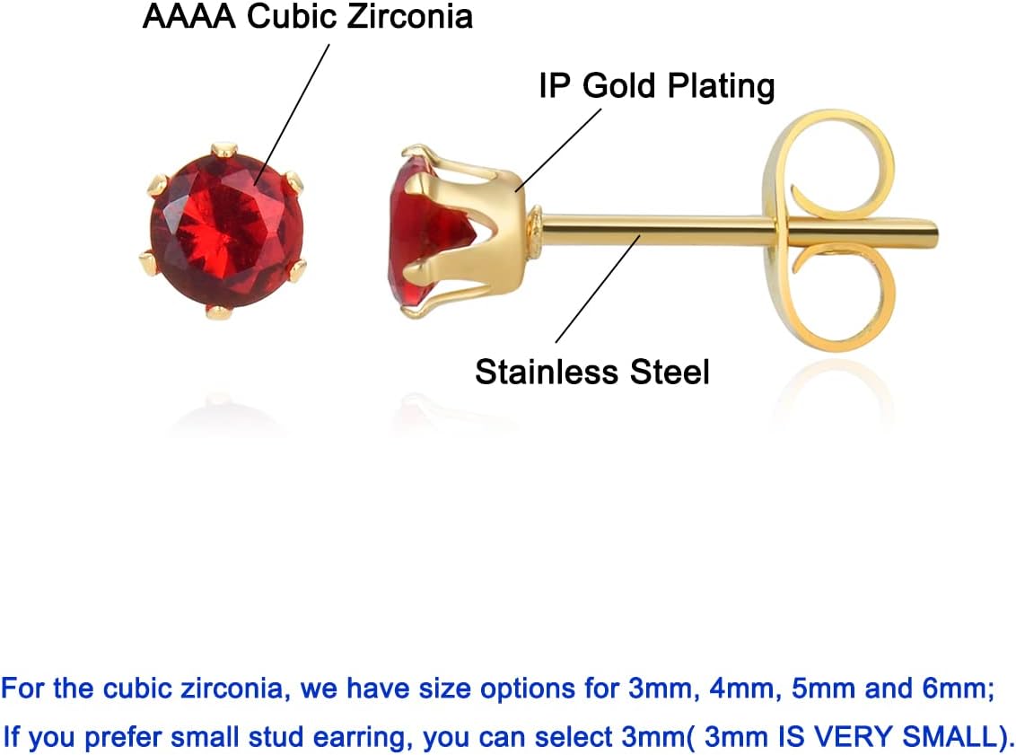 12 Pairs 18K Gold Plated Surgical Stainless Steel Stud Earring Cubic Zirconia CZ Multicolor Birthstone Stud Earrings Set