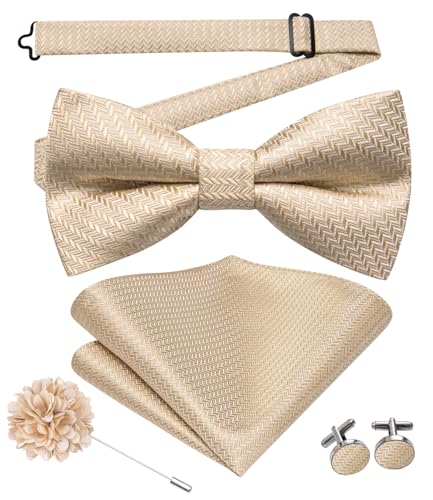 Image of Hi-Tie Bow Ties for Men Pre-Tied Pocket Square with Cufflinks Mens Bowtie Sets for Wedding Formal Party