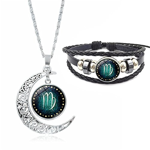 Fashion 12 Constellations Beaded Hand Woven Leather Bracelet and Moon Pendant Necklace Zodiac Sign Jewelry Set (Virgo)