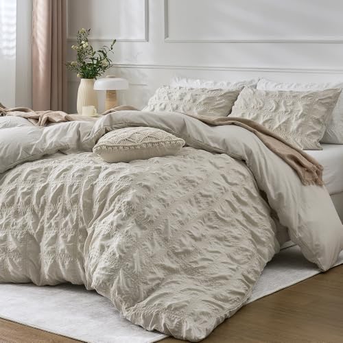Image of JELLYMONI Seersucker Duvet Cover Set King, 3pcs Oatmeal-Grid Polyester | In Spacious Master, Couples & Pets, Crinkled Texture, Oeko-Tex Certified, 8 Corner Ties & Hidden Zipper