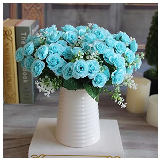 1 Bouquet 15 mini rosas hermosas flor artificial de seda, nunca se desvanecen verdadera falso toque flor con hojas verdes Para la boda casera nupcial del Hydrangea Decoraciones-Luz azul