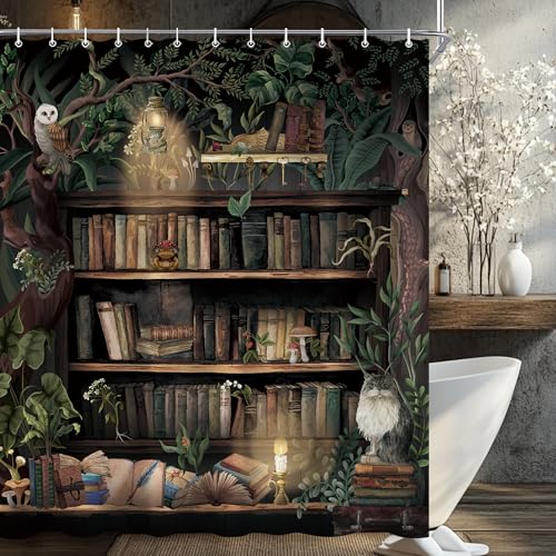 CINEKER Forest Library Book Shower Curtain Sets for Bathroom 60Wx72H Black Gothic Mystical Green Tree Shower Curtain Magic Bookshelf Cool Unique Bathtub Curtain Mysterious Bathroom Decor with 12 Hook