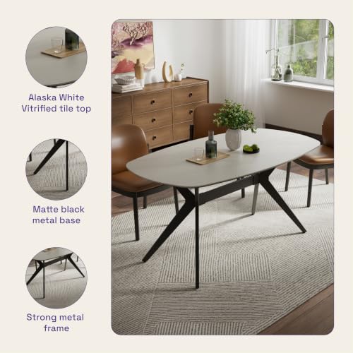 Image of Wakefit Baklava Dining Table - Alaska White - 6 Seater I Marble Finish I Vitrified Tile Top I Alaska White