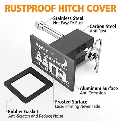 Boslla Trailer Hitch Cover, Metal 2" Inch Tow Rear Receivers Plug Covers Black With Stainless Steel Pin Bolt For Trucks, Rv, Cars (Happy Campers) #TOP1