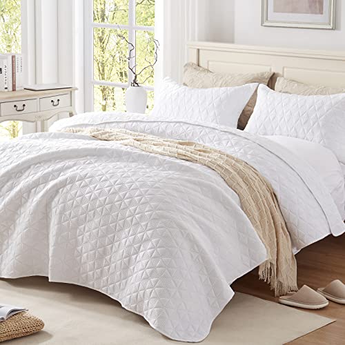 Haglurom Full/Queen Size Quilt Set-3 Pieces, Lightweight White Summer Bedspread/Coverlet-90''X98'', Luxurious Soft 3D Ultrasonic Microfiber Bed Quilt For All Seasons (Includes 1 Quilt,2 Shams) #TOP2
