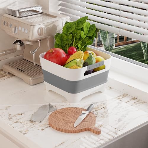 MontNorth 2.4 Gal Collapsbile Wash Basin with Drian Plug,9L Dish Pan for Soaking Baby Bottles,Portable Sink, Multiuse Foldable Bucket,Ice Beverage Tubs for Camping, Vegetable Washing, RV (Gray)