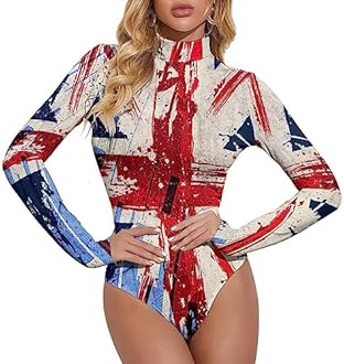 TAIZIYEAH British Flag Women's Mock Turtle Neck Long Sleeve Tops Bodysuit Jumpsuit 2XL