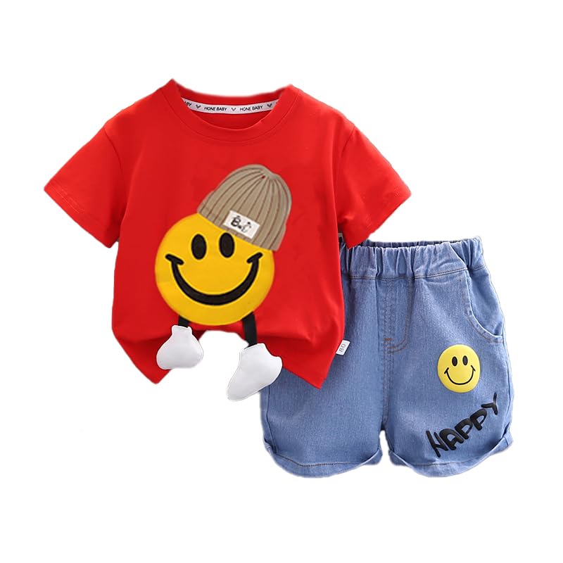 Bold N Elegant Unisex Kid Cotton Solid Playful Happy Face Print Half Sleeve T-Shirt & Denim Shorts Summer Clothing Set