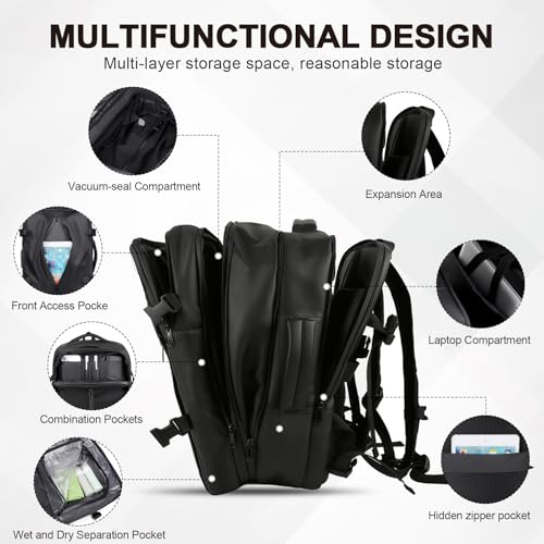 Image of Vacuum Seal Backpack Travel with Pump, Expandable Vacuum Backpack with Air Compression System, Airback Vacpack TSA Lock Water Resistant Carry-On Luggage (Black)