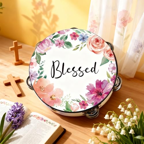 Fiada Tambourines for Adult 10 Inch Church Christian Dance Tambourine Double Row Jingle Bible Hand Bell Drum for Church Pray Party Percussion Musical Instrument Hand Bell Clap Drum(Blessed)