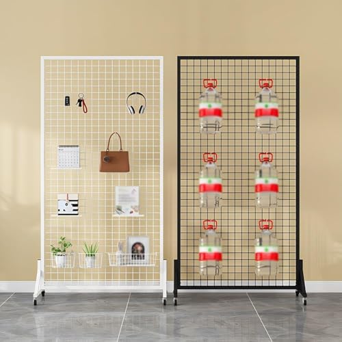 Mobile Gridwall Panel Display Stand - Metal Mesh Storage Rack with 4 Wheels & 20 Hooks - Freestanding Retail Display for Trade Shows & Art Exhibitions