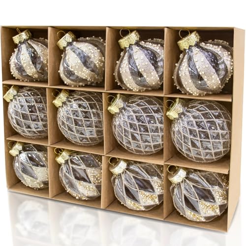 12 PCS Clear and Champagne Christmas Ball Ornaments, 80mm/3.15 Inches Rustic Farmhouse Christmas Decorations, Large Shatterproof Luxury Hand-Painted Xmas Ornaments for Christmas Tree, Wedding
