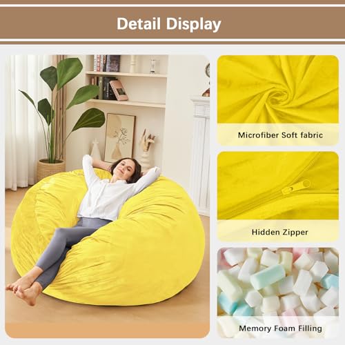 Image of Bean Bag Chairs for Adults - Memory Foam Furniture BeanBag Chair - Kids /Teens Sofa with Soft Micro Fiber Cover - Round Fluffy Couch for Living Room Bedroom College Dorm - 4 ft, Yellow