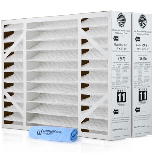 Lennox X6670 16x25x5 Air Filter MERV 11 HVAC AC Furnace Filters, Lennox Healthy Climate Filter for Home with Cleaning Cloth, 2-Pack (Actual Size: 15.75 x 24.75 x 4.38 Inches)