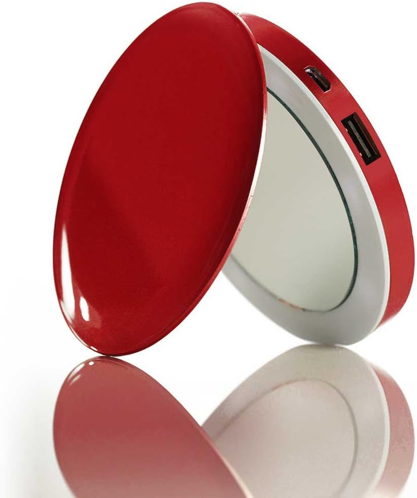 Pearl : Compact Mirror + USB Battery Pack, Light Up Personal Makeup Mirror with a 3,000 mah Battery and 2.1 Amp USB Port (Red)