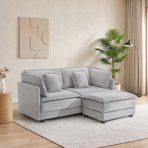 Image of 78.4 inch Corduroy Loveseat Sectional, Small L Shaped Sofa Couch with Ottoman for Apartment, Office, or Bedroom, Lightgrey