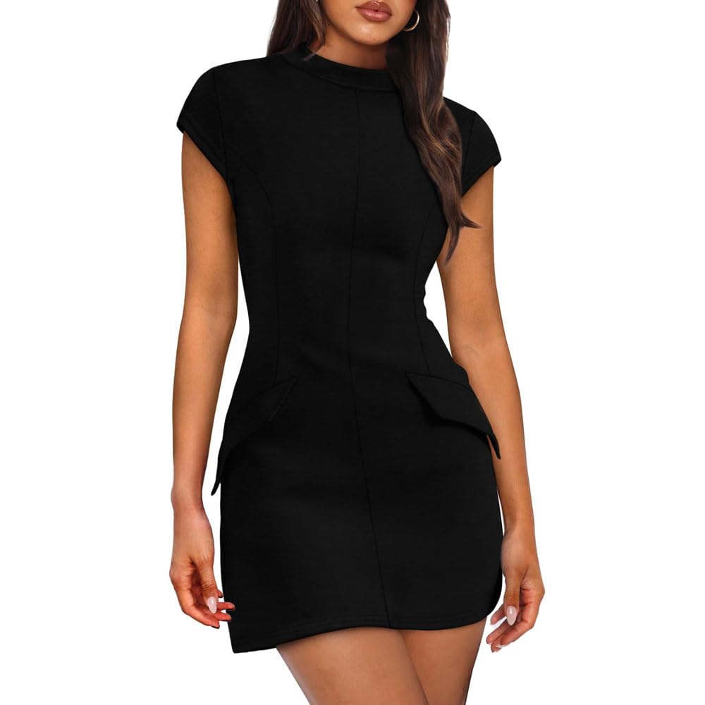 Vestito Donna Elegante con Scollo Rotondo Maniche Corte Bodycon Sexy Slim Miniabito per Sera Cocktail Party