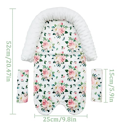 Baby Infant Head & Body Support with Strap Covers,Baby Carseat Headrest & Seat Belt Covers for Newborns Ultra Soft Toddler Car Seat Insert Cushion Pad Perfect for Baby Carseats,Flower