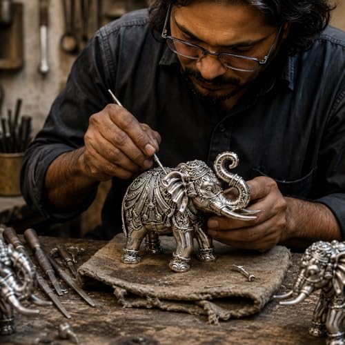 Image of KYAT Pure 999 Fine Silver Kamdhenu Cow with Calf Idol Elephant Pair (Elephant Pair - 2'')