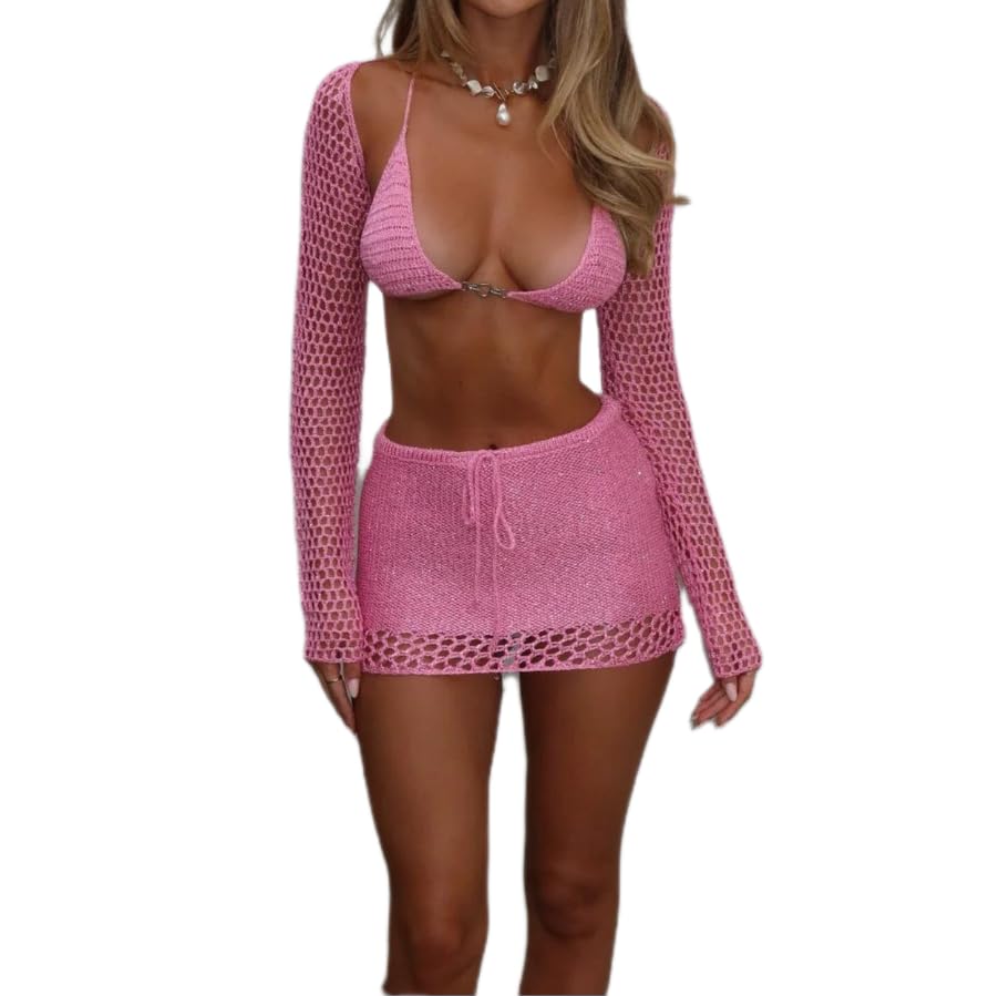 FEORJGP Womens Summer Crochet Knit 3 Piece Skirts Set Long Sleeve Shrug+Bikini Top+Mini Skirt Knit 3Pcs Skirt Set Beachwear