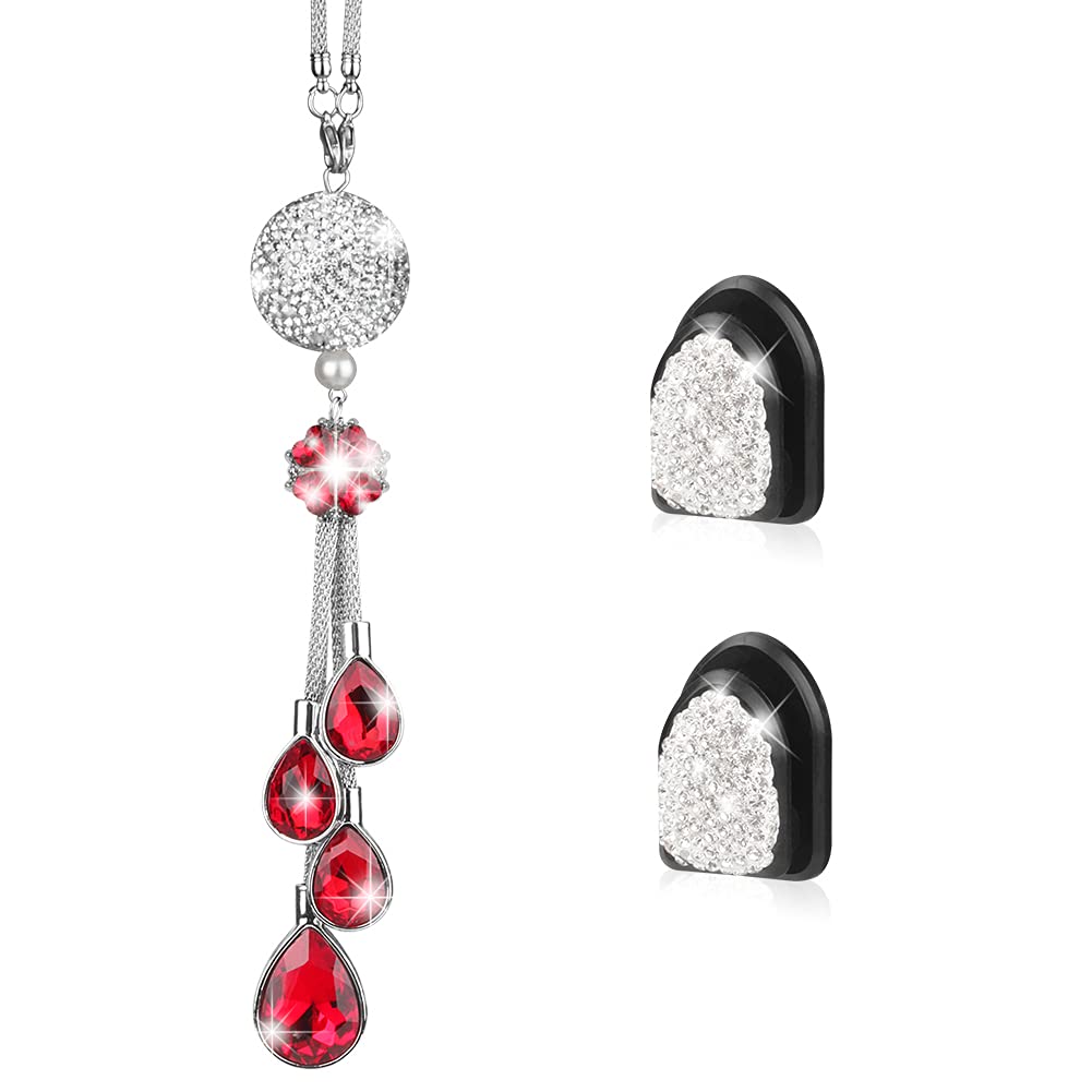 Crystal Car Rear View Mirror Charm with 2 Pcs Car Mini Hooks, Bling Rearview Mirror Accessories for Women & Men, Cute Car Decor Lucky Hanging Interior Ornament Pendant Sun Catcher