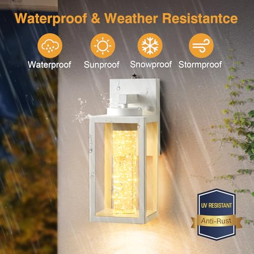 Image of VIANIS White Outdoor Sconce Lights Integrated LED Light Source, Anti-Rust | Dusk to Dawn Sensor, Crystal Bubble Glass, Fade-resistant, Waterproof Exterior Light Fixture Wall Mount Lantern for House