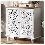 JOINICE White Accent Cabinet with Walnut Finish Top, 31' Farmhouse Storage Cabinet with Carved Doors for Living Room, Sideboard Buffet for Dining Room, Solid Wood Legs