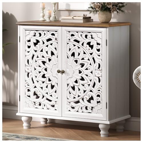 Farmhouse White Accent Cabinet with Walnut Top - 31" Storage