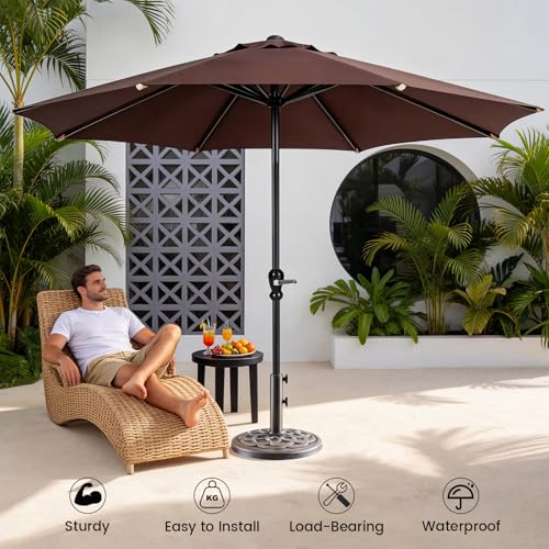 DUMOS 22LBS Heavy-Duty Outdoor Umbrella Base, Weather-Resistant Resin Patio Umbrella Stand, Rust-Proof Coated Umbrella Holder for Garden/Pool/Backyard, 2 Securing Knobs, 2 Pole Adapters, Bronze