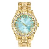 Techno Pave Orologio da donna con lunetta solitario ghiacciato da 44 mm, ORO-TEAL, womens-standard, Movimento al quarzo